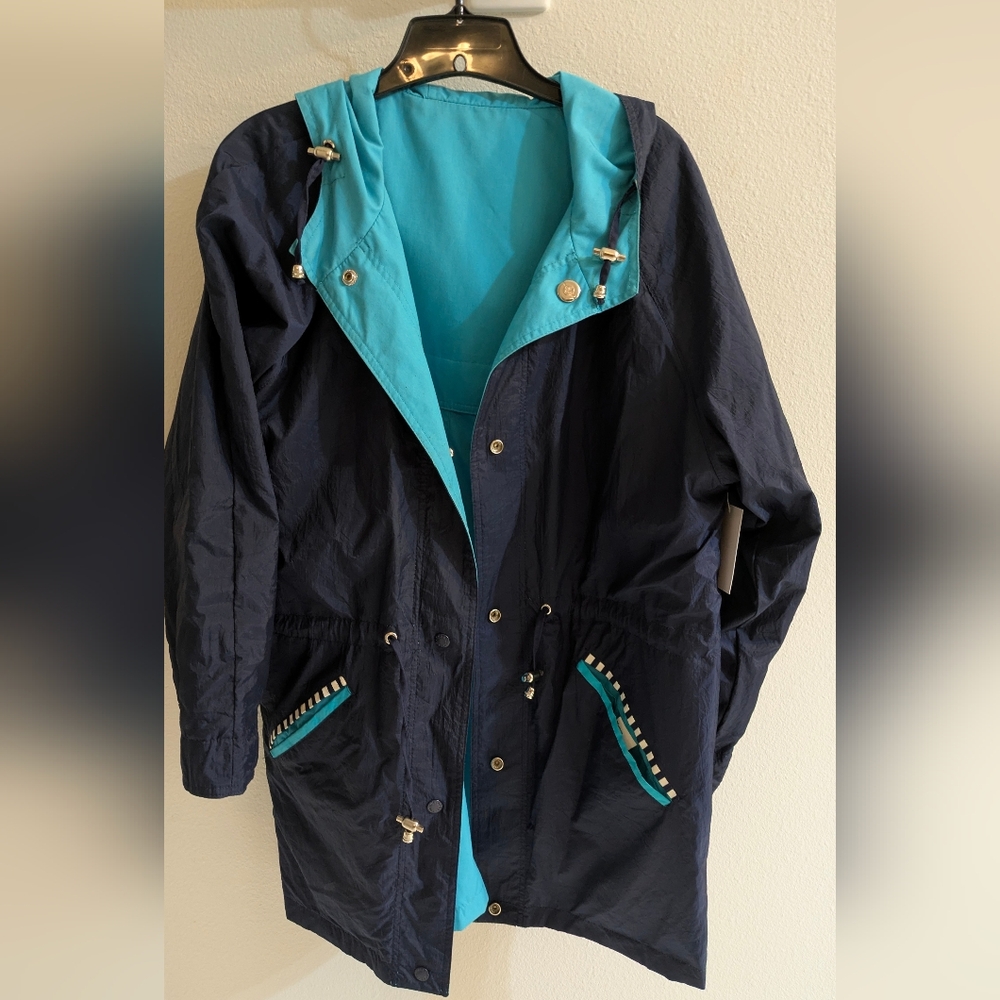 Women's Navy and Teal Hooded Jacket Rain Coat Reversible